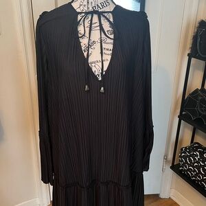 Free People Black Pleated Long-Sleeve Tie-Neck Dress